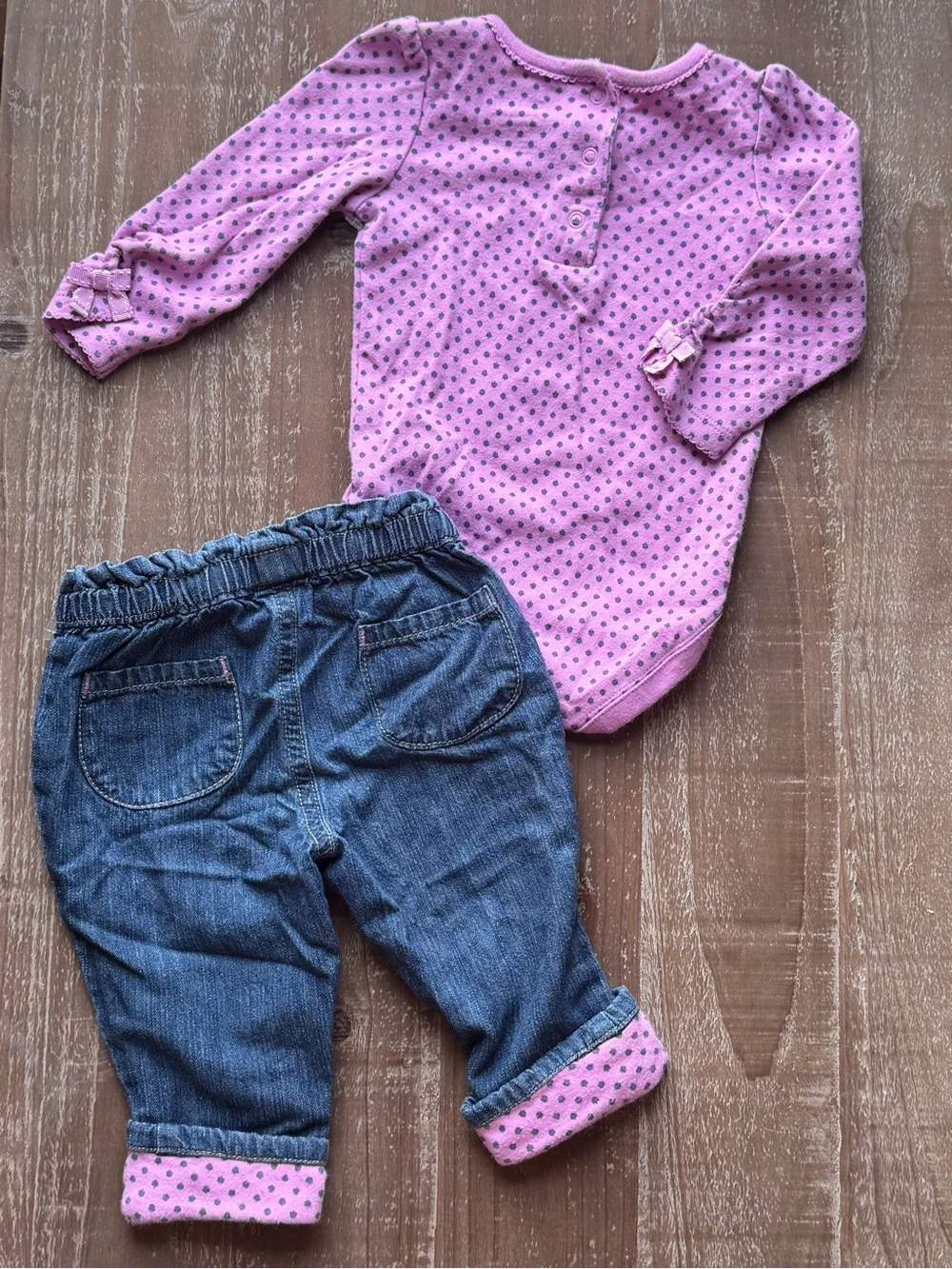 +Gymboree Purple Polka Dot Bodysuit Denim Pants Set 3-6M Baby Girl 2 Piece